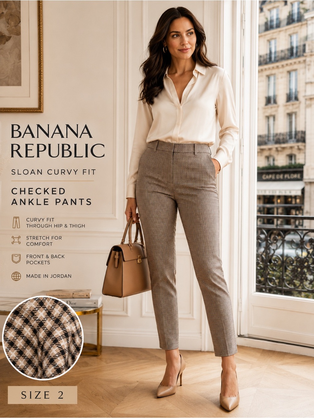 Banana Republic Sloan Curvy Fit Check Ankle Pants Size 2 Stretch Career